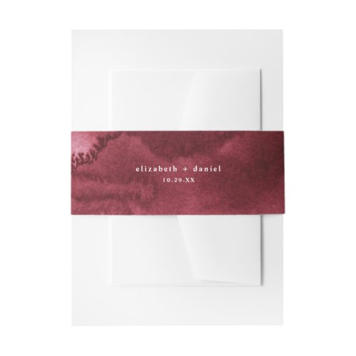 Elegant Burgundy Watercolor Personalized Invitation Belly Band - Designed to coordinate with our Rustic Burgundy Navy Blooms wedding collection, this customizable Belly Band, features a burgundy watercolor wash paired with classy serif font in white. To make advanced changes, go to "Click to customize further" option under Personalize this template.