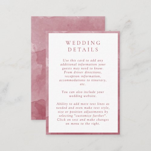 Elegant Burgundy Watercolor Wedding Details Enclosure Card