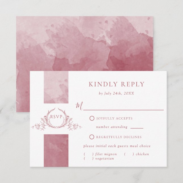 Elegant Burgundy Watercolor Wedding Monogram RSVP (Front/Back)