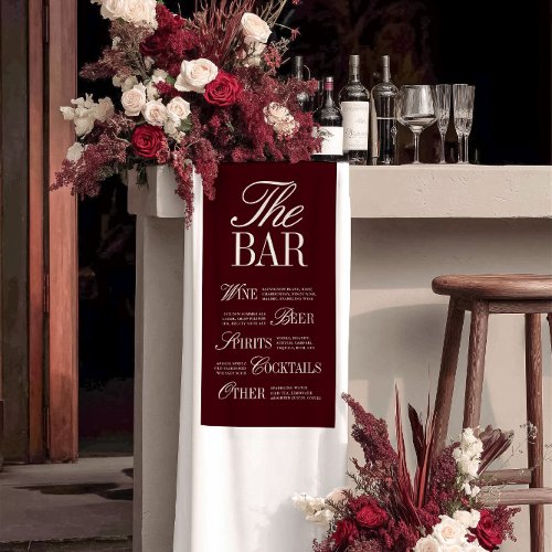 Elegant Burgundy Wedding Bar Menu Reception Decor