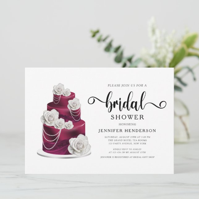 Elegant Burgundy Wedding Cake Bridal Shower Invitation (Standing Front)
