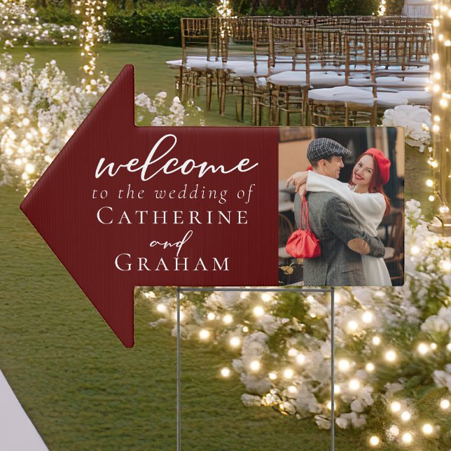 Elegant Burgundy Wedding Couple Photo Arrow Yard Sign (Creator Uploaded)