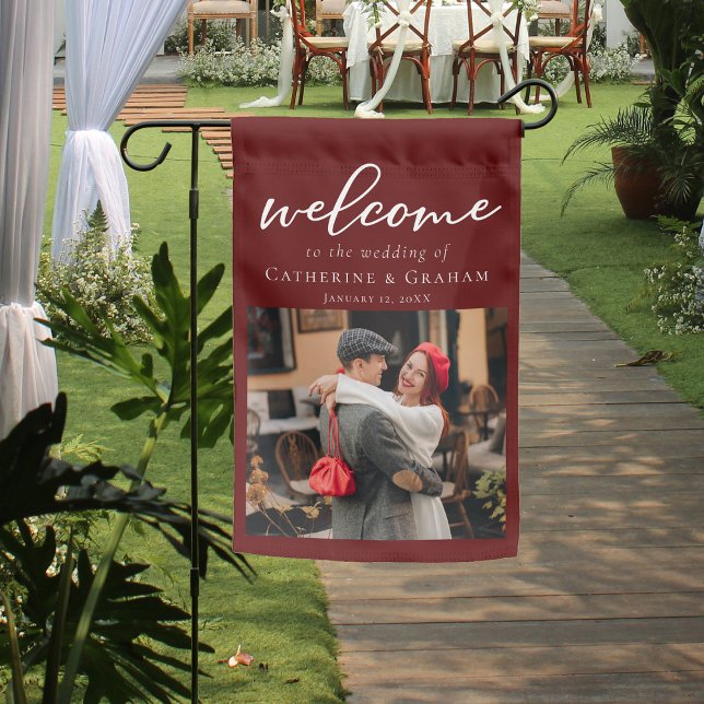 Elegant Burgundy Wedding Couple Photo Welcome Garden Flag (Creator Uploaded)