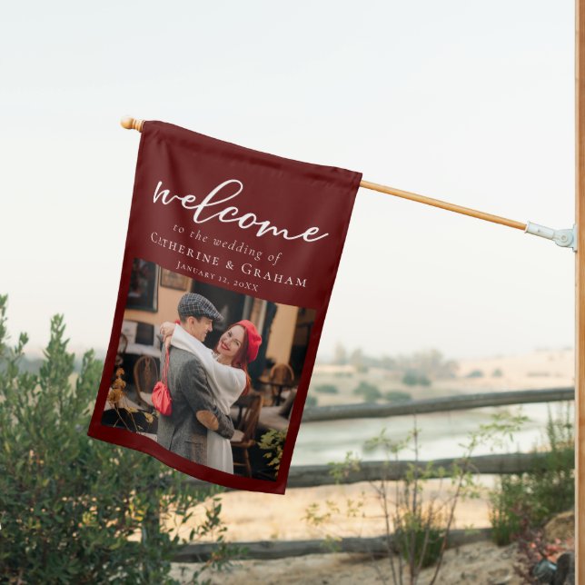 Elegant Burgundy Wedding Couple Photo Welcome House Flag (Insitu (Back))
