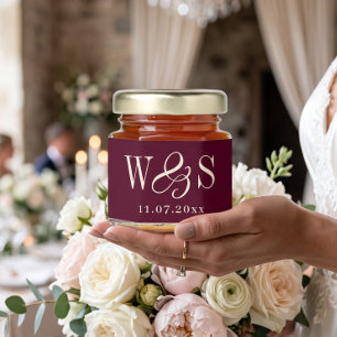 Elegant Burgundy Wedding Couples Initials Honey Jar Favors