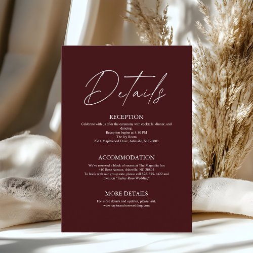 Elegant Burgundy Wedding Details Card