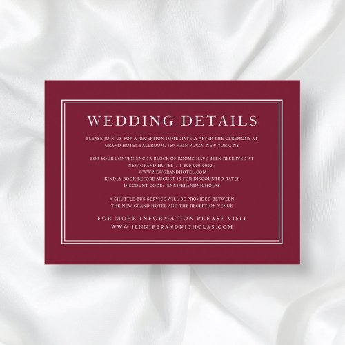 Elegant Burgundy Wedding Details Enclosure Card