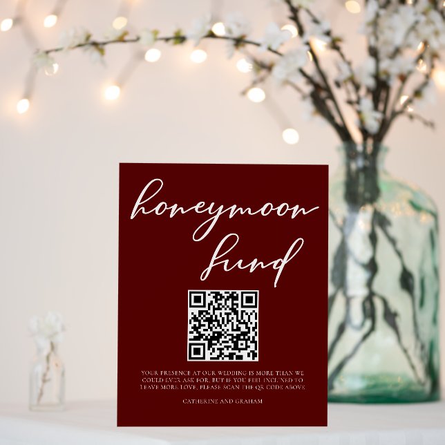 Elegant Burgundy Wedding Honeymoon Fund QR Code Foam Board (In Situ (Wedding))
