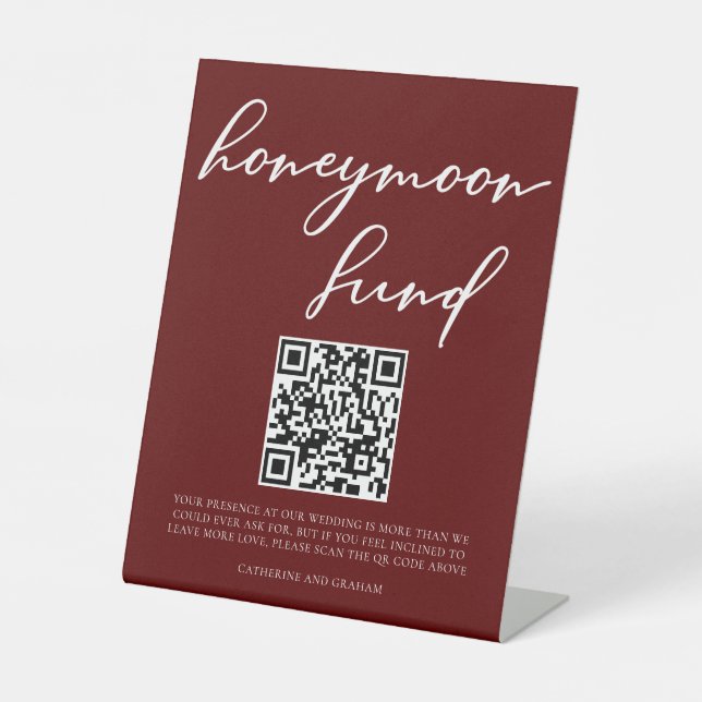 Elegant Burgundy Wedding Honeymoon Fund QR Code Pedestal Sign (Front)