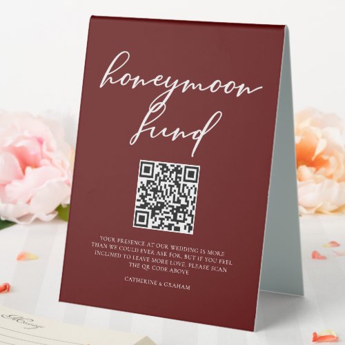 Elegant Burgundy Wedding Honeymoon Fund QR Code Table Tent