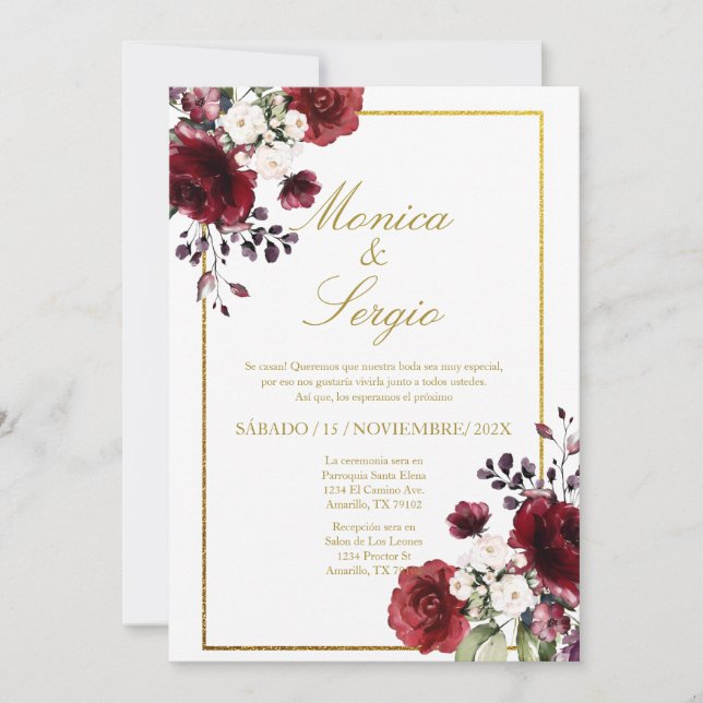 Elegant Burgundy Wedding Invitation in Spanish (Front)