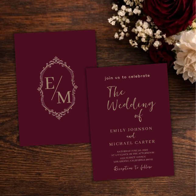 Elegant Burgundy Wedding Luxury Gold Monogram Invitation (Creator Uploaded)