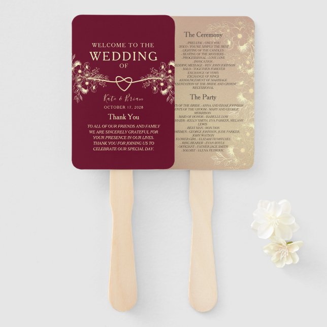 Elegant Burgundy Wedding Program Hand Fan (Front and Back)