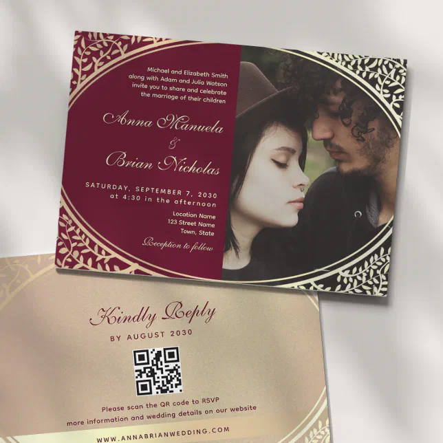 Elegant Burgundy Wedding QR Code Invitation | Zazzle