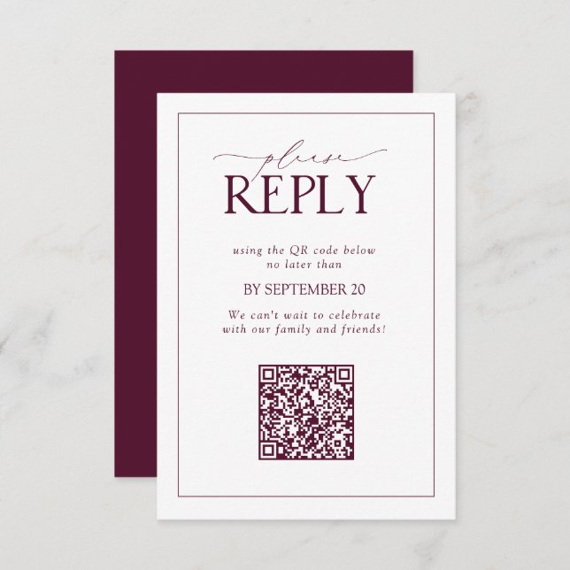 Elegant Burgundy Wedding QR Code Please Reply RSVP Card (Front/Back)
