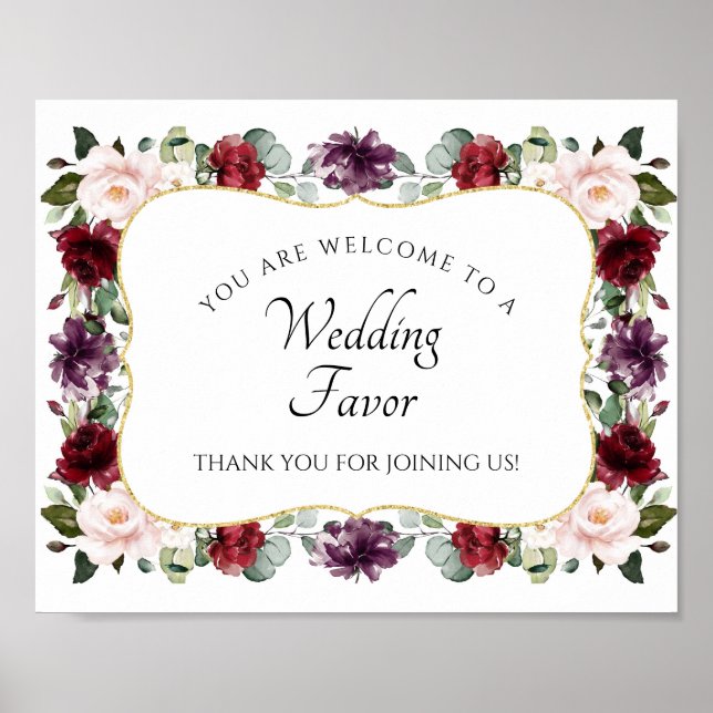 Elegant Burgundy Wedding Reception Favor Sign (Front)