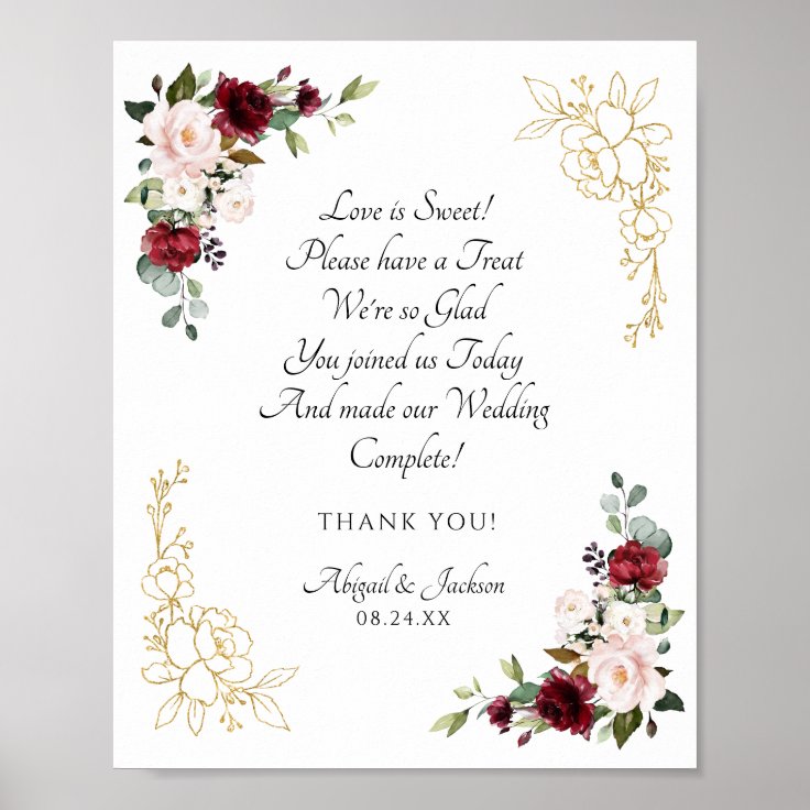 Elegant Burgundy Wedding Reception Treat Sign | Zazzle