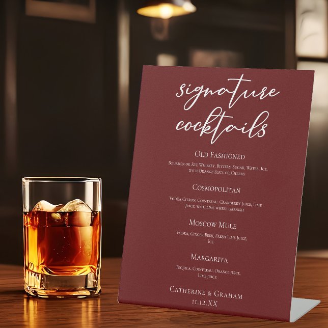 Elegant Burgundy Wedding Signature Cocktails Menu Pedestal Sign (Creator Uploaded)