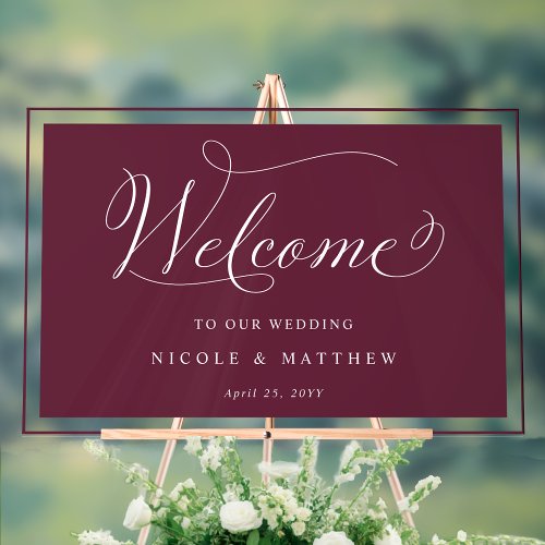 Elegant Burgundy Wedding Welcome  Acrylic Sign