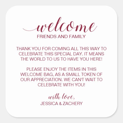 Elegant Burgundy Wedding Welcome Gift Bag Basket Square Sticker