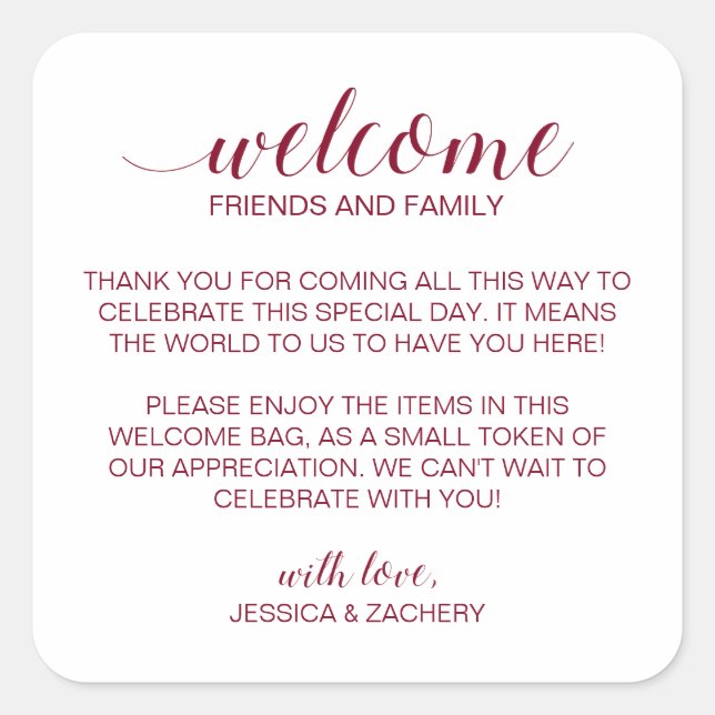 Elegant Burgundy Wedding Welcome Gift Bag Basket Square Sticker (Front)