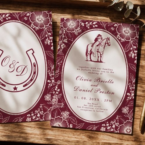 Elegant Burgundy Western Horse Floral Lace wedding Invitation