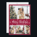 Elegant Burgundy White 4 Photo Collage Christmas Holiday Card<br><div class="desc">Elegant, Modern Burgundy and White 4 Photo Collage Merry Christmas Script Holiday Card. This festive, whimsical, minimalist, (4) four photo holiday card template features a pretty photo collage, some snowflake and says Merry Christmas! The „Merry Christmas” greeting text is written in a beautiful white color hand lettered typography font type...</div>