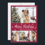 Elegant Burgundy White 4 Photo Collage Christmas Holiday Card<br><div class="desc">Elegant, Modern Burgundy and White 4 Photo Collage Merry Christmas Script Holiday Card. This festive, whimsical, minimalist, (4) four photo holiday card template features a pretty photo collage, some snowflake and says Merry Christmas! The „Merry Christmas” greeting text is written in a beautiful white color hand lettered typography font type...</div>