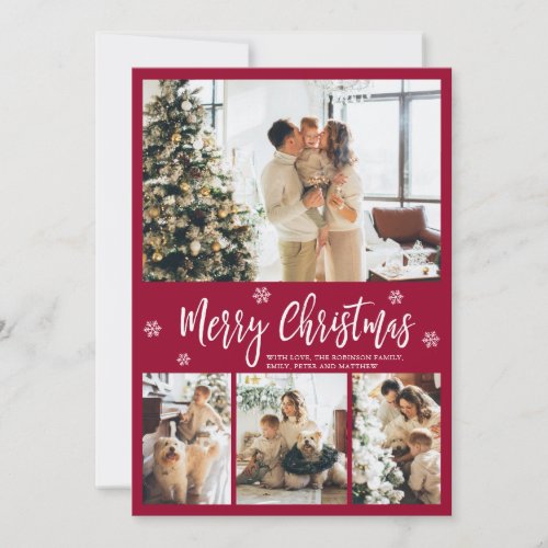 Elegant Burgundy White 4 Photo Collage Christmas Holiday Card