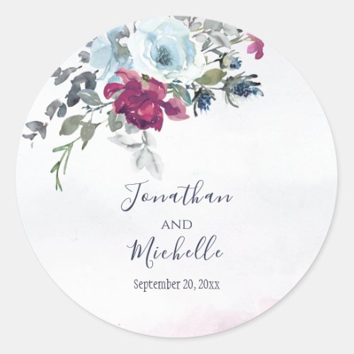 Elegant Burgundy White and Blue Roses Wedding Classic Round Sticker
