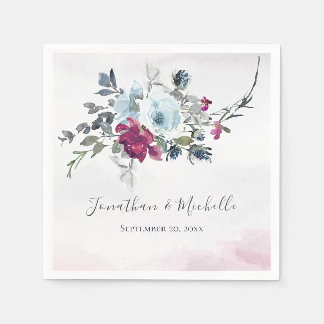Elegant Burgundy White and Blue Roses Wedding Napkins (Front)