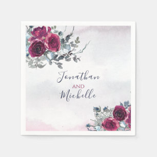 Elegant Burgundy White and Blue Roses Wedding Napkins