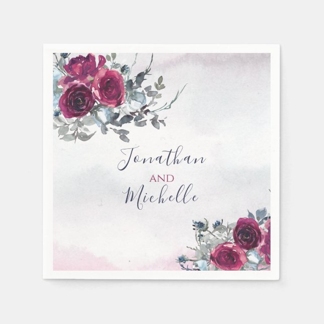 Elegant Burgundy White and Blue Roses Wedding Napkins (Front)