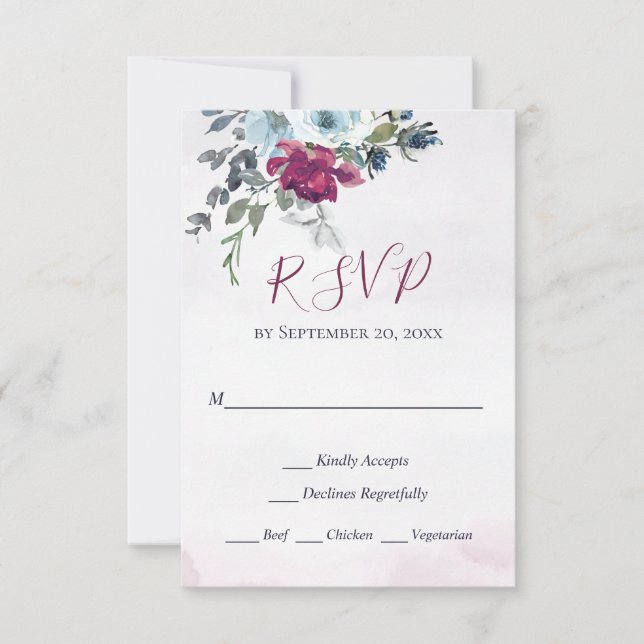 Elegant Burgundy White and Blue Roses Wedding RSVP (Front)