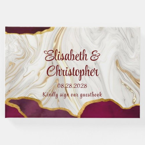 Elegant Burgundy White and Gold Agate Wedding Guest Book