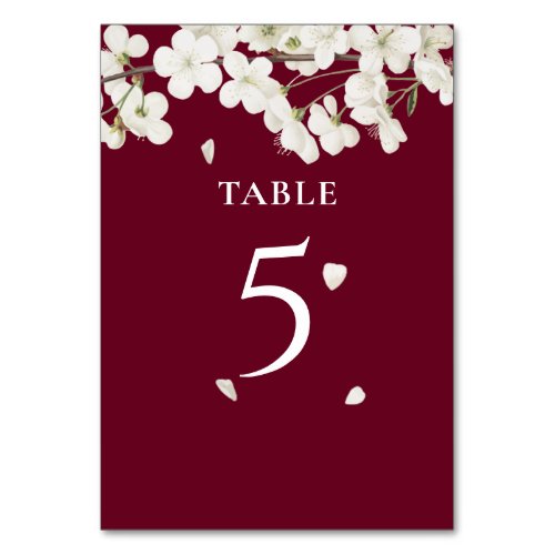 Elegant Burgundy White Blossom Floral Table Number
