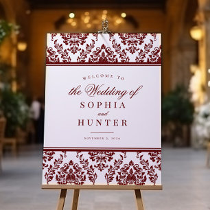 Elegant Burgundy White Damask Wedding Welcome Sign
