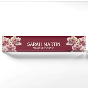 Elegant Burgundy & White Exotic Orchid Flowers Des Desk Name Plate