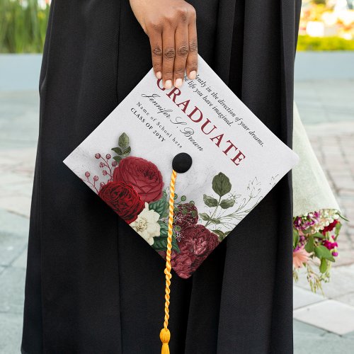 Elegant Burgundy  White Floral Custom Graduate Graduation Cap Topper