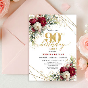Elegant Burgundy White Floral Gold 90th Birthday Invitation