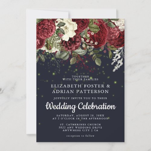 Elegant Burgundy  White Floral  Navy Wedding Invitation