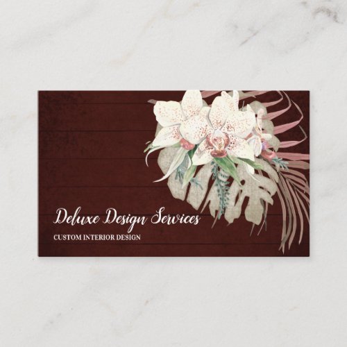 Elegant Burgundy White Floral Orchid Greenery Business Card