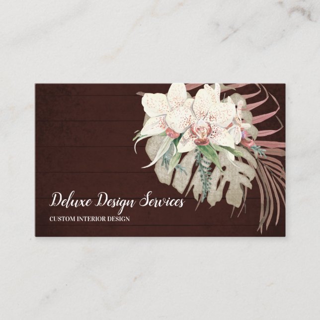Elegant Burgundy White Floral Orchid Greenery Business Card (Front)