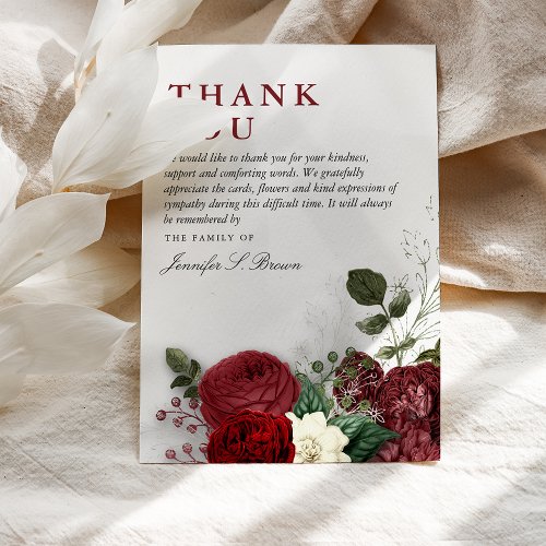 Elegant Burgundy  White Floral Sympathy Thank You Card