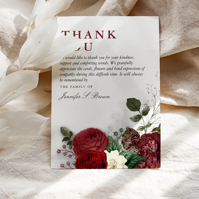 Elegant Burgundy & White Floral Sympathy Thank You Card | Zazzle