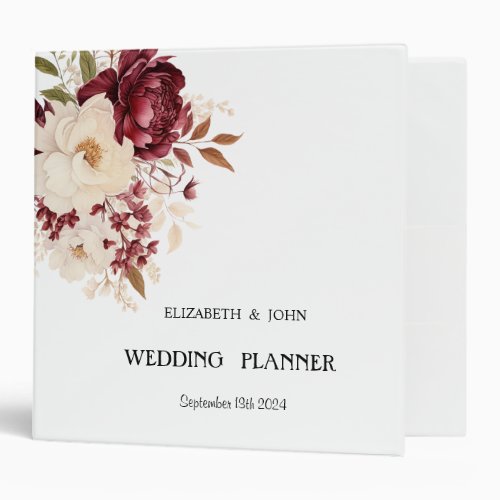 Elegant Burgundy White Flowers 3 Ring Binder