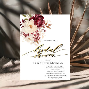 Elegant Burgundy White Flowers Bridal Shower Invitation