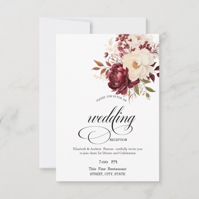 Elegant Burgundy White Flowers Rehearsal Dinner   Invitation (Front)