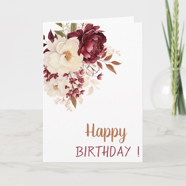 Elegant Burgundy White Flowers Roses Birthday Card (Front)
