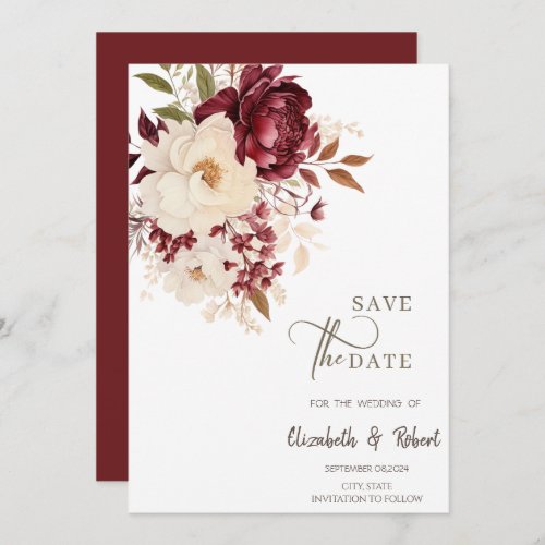 Elegant Burgundy White Flowers Save The Date